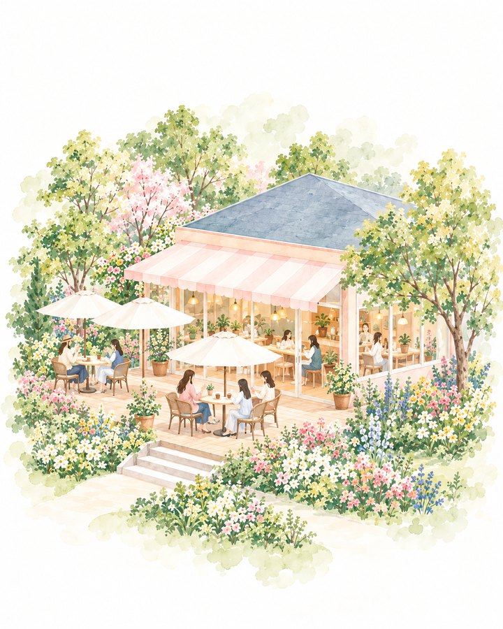ママたちがお茶をしながら話すカフェの水彩画
