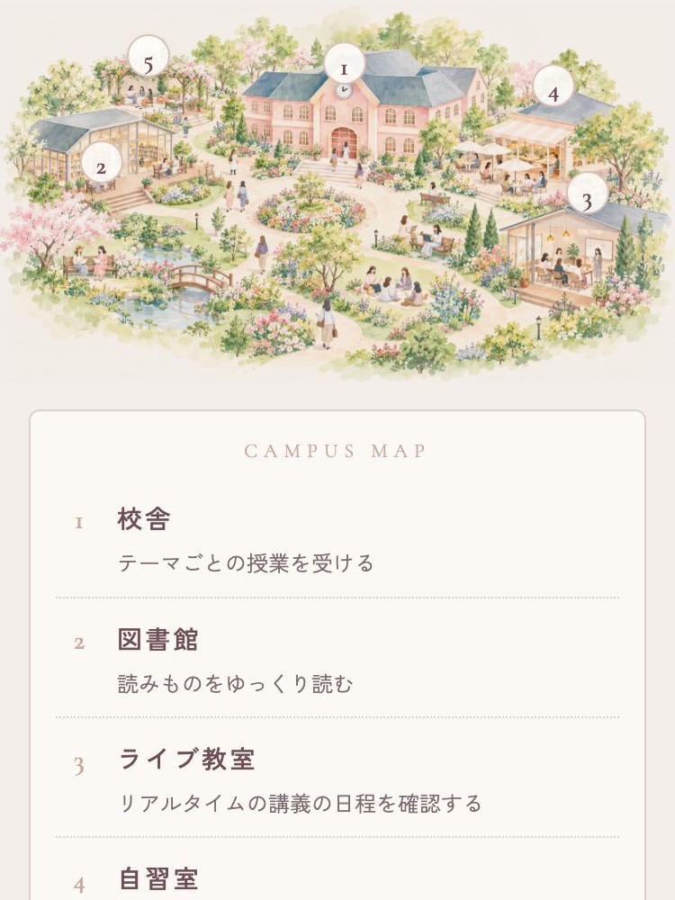 キャンパスの入口。水彩のキャンパスマップと、校舎・図書館・ライブ教室・自習室の案内